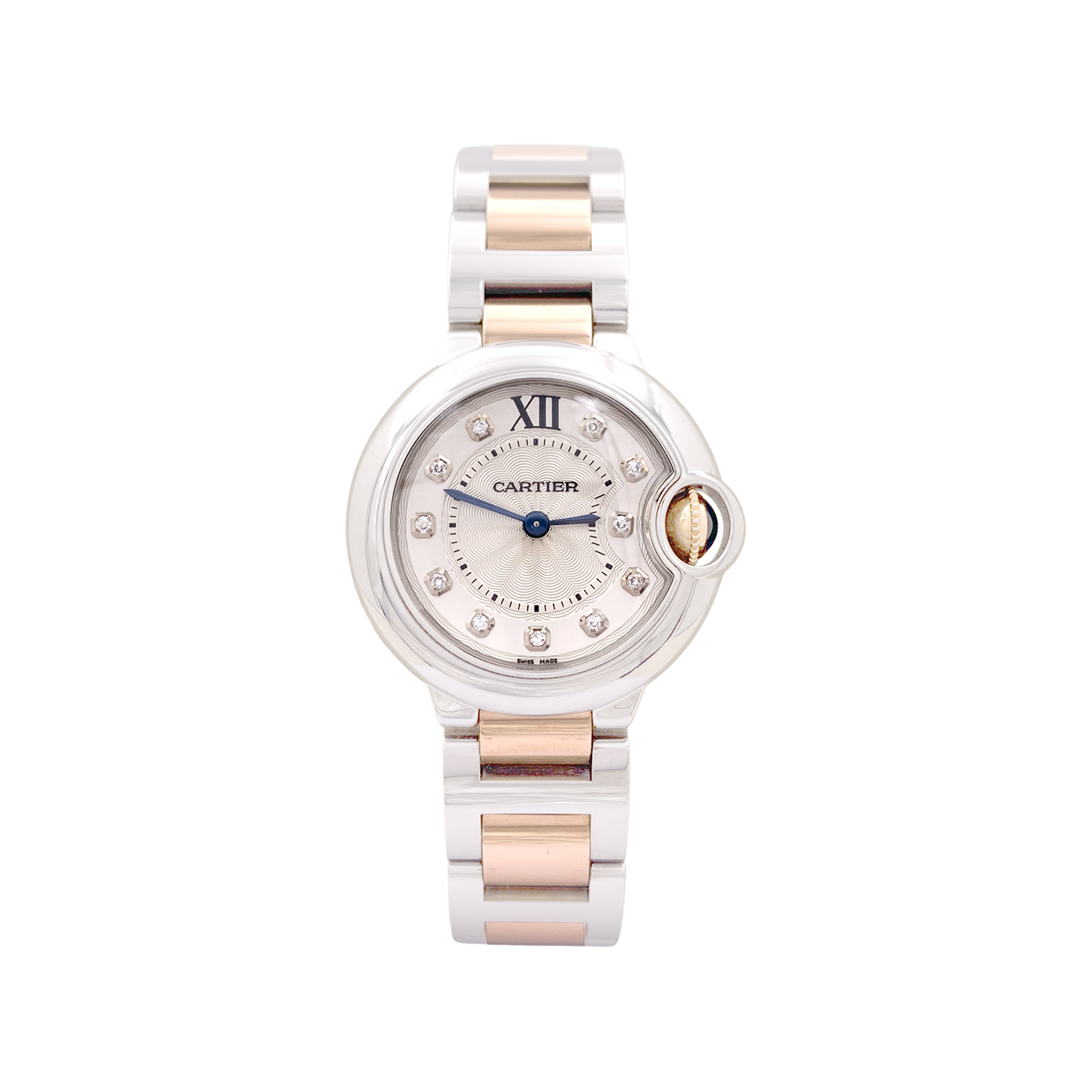 Montre Cartier, "Ballon Bleu de Cartier", acier, or rose, diamants. 1