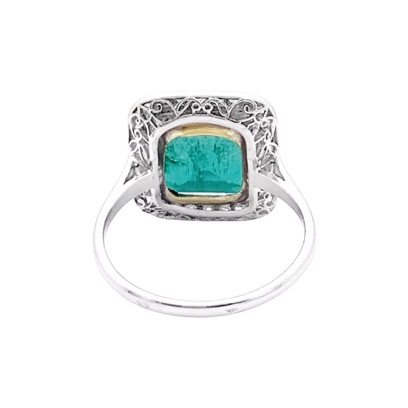 Bague ancienne, émeraude, platine et diamants. 6