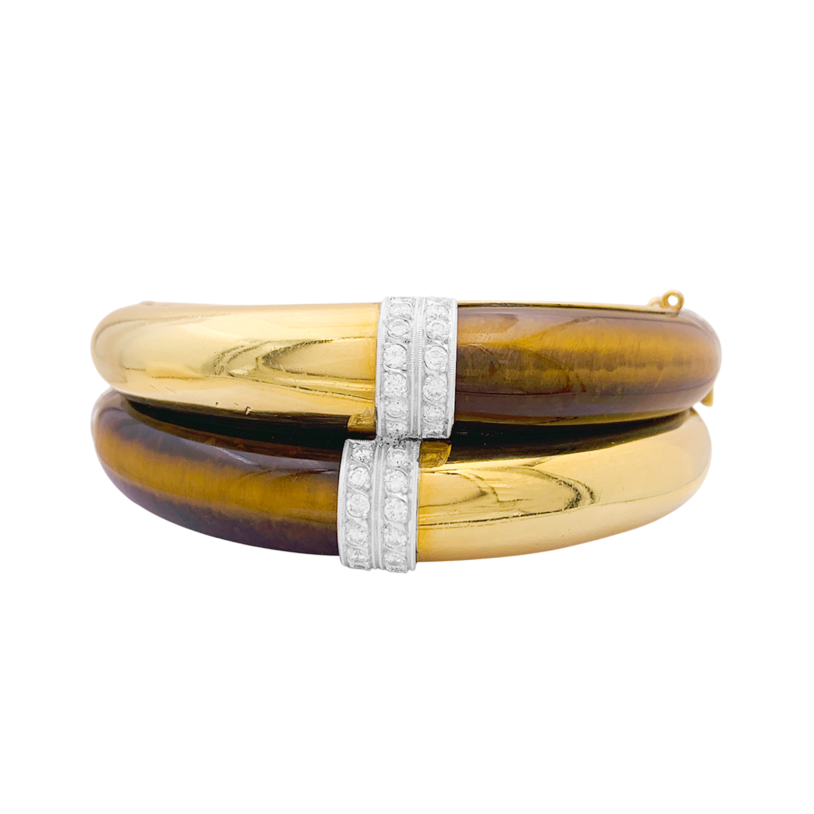 Bracelet ouvrant, or jaune, oeil de tigre et diamants. 1