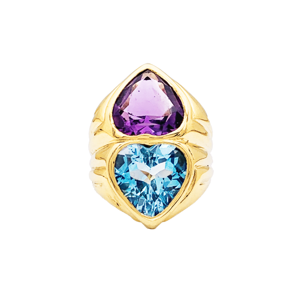 Bague "Cœurs" or jaune, améthyste et topaze. 1