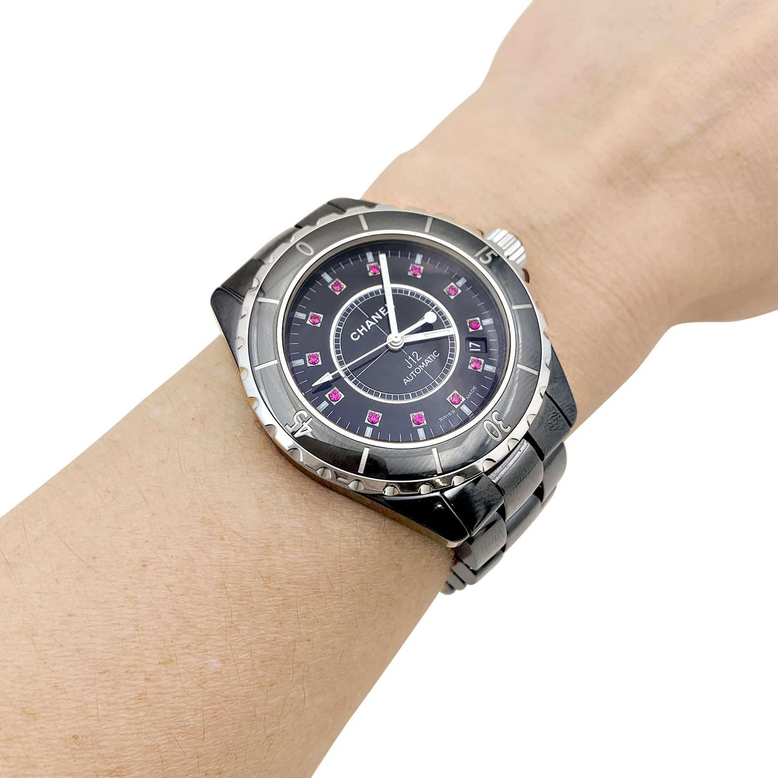 Montre Chanel, "J12", céramique noire, rubis, acier. 7
