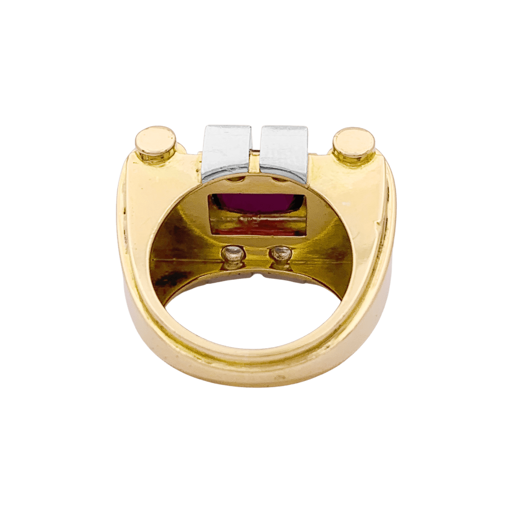 Bague "tank", deux tons d'or, grenat et diamants. 3