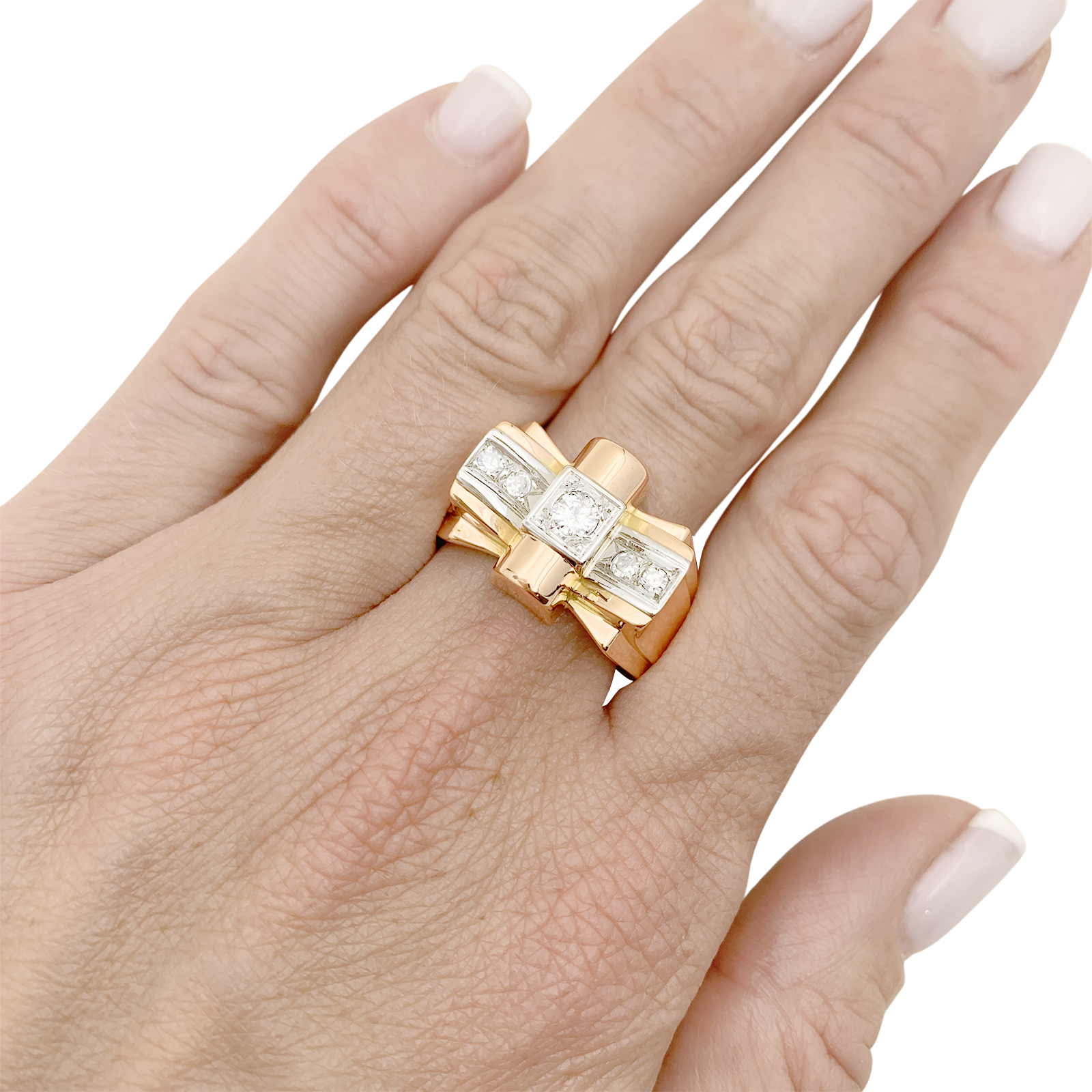 Bague « Tank » or rose, or blanc, diamants taille 8/8. 6