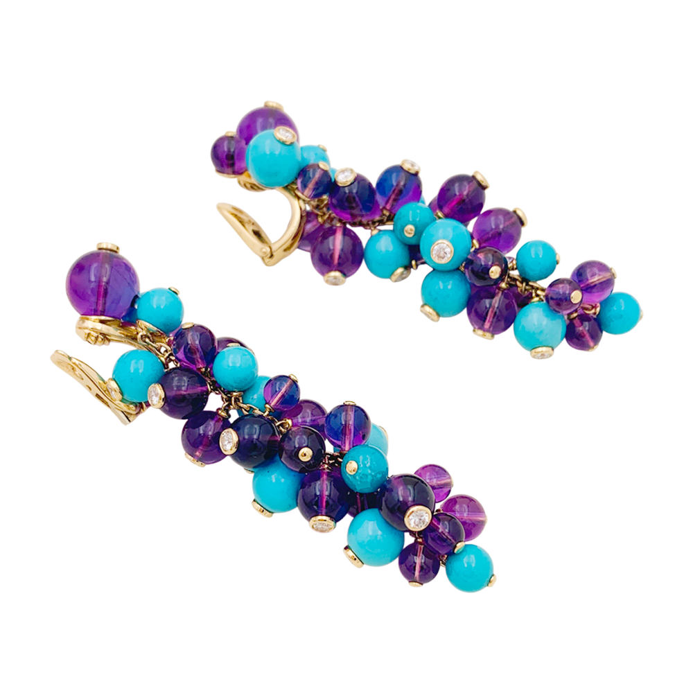 Boucles d'oreilles Cartier, "Délices de Goa", or rose, améthystes, turquoises et diamants. 4