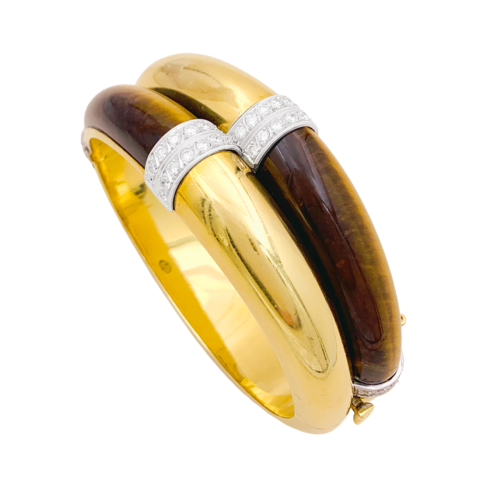 Bracelet ouvrant, or jaune, oeil de tigre et diamants. 3