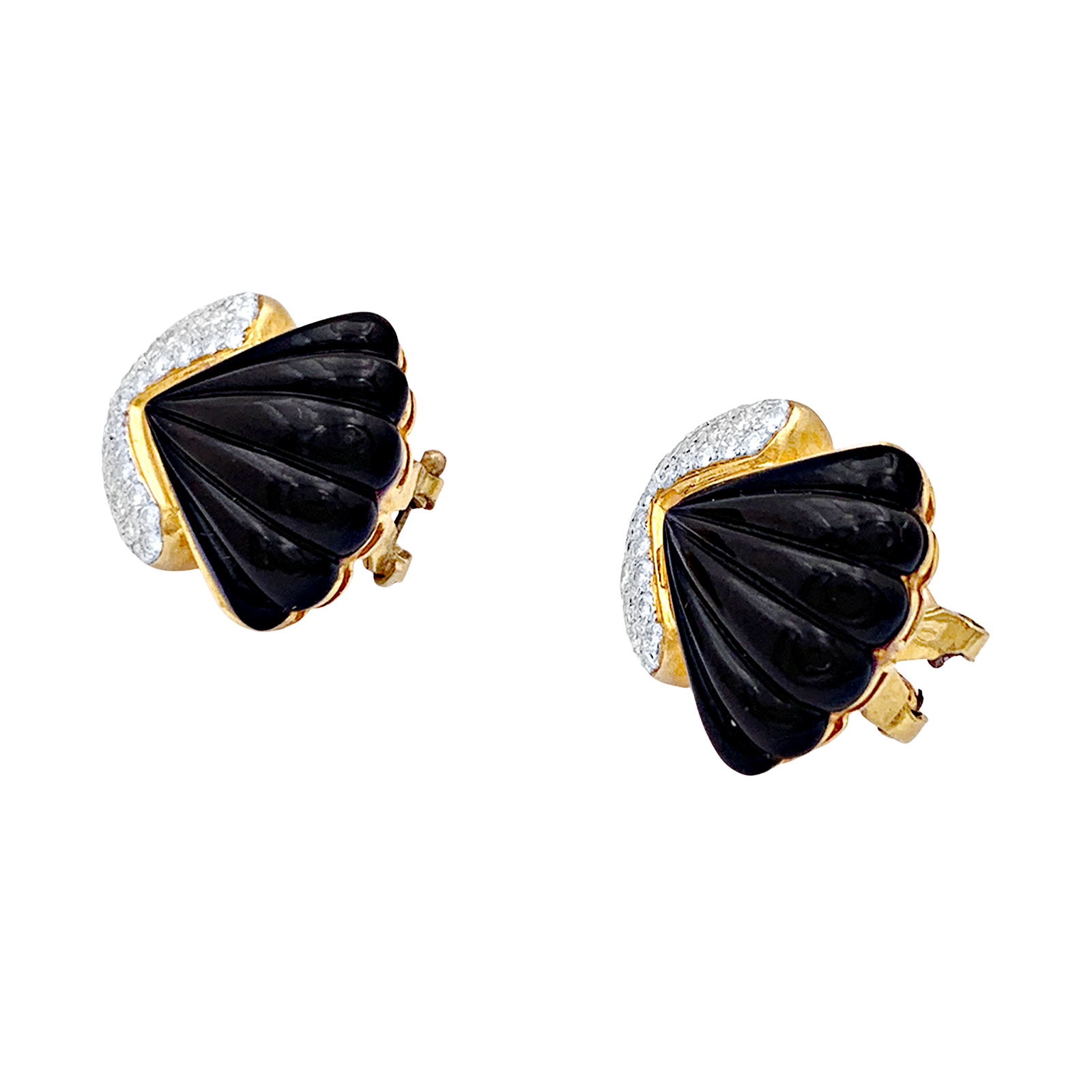 Clips d'oreilles vintage, or jaune, onyx, diamants. 6