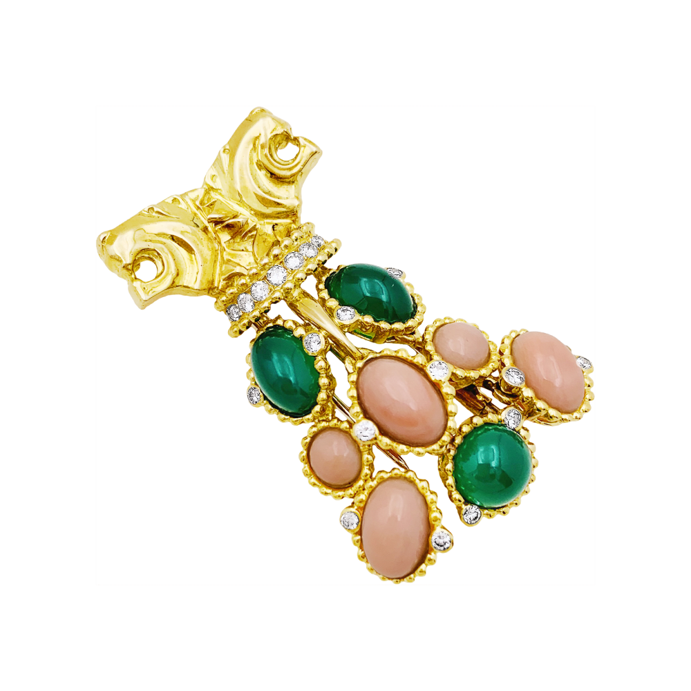 Demi-parure "Lions" transformable, or jaune, diamants, corail, chrysoprase. 6