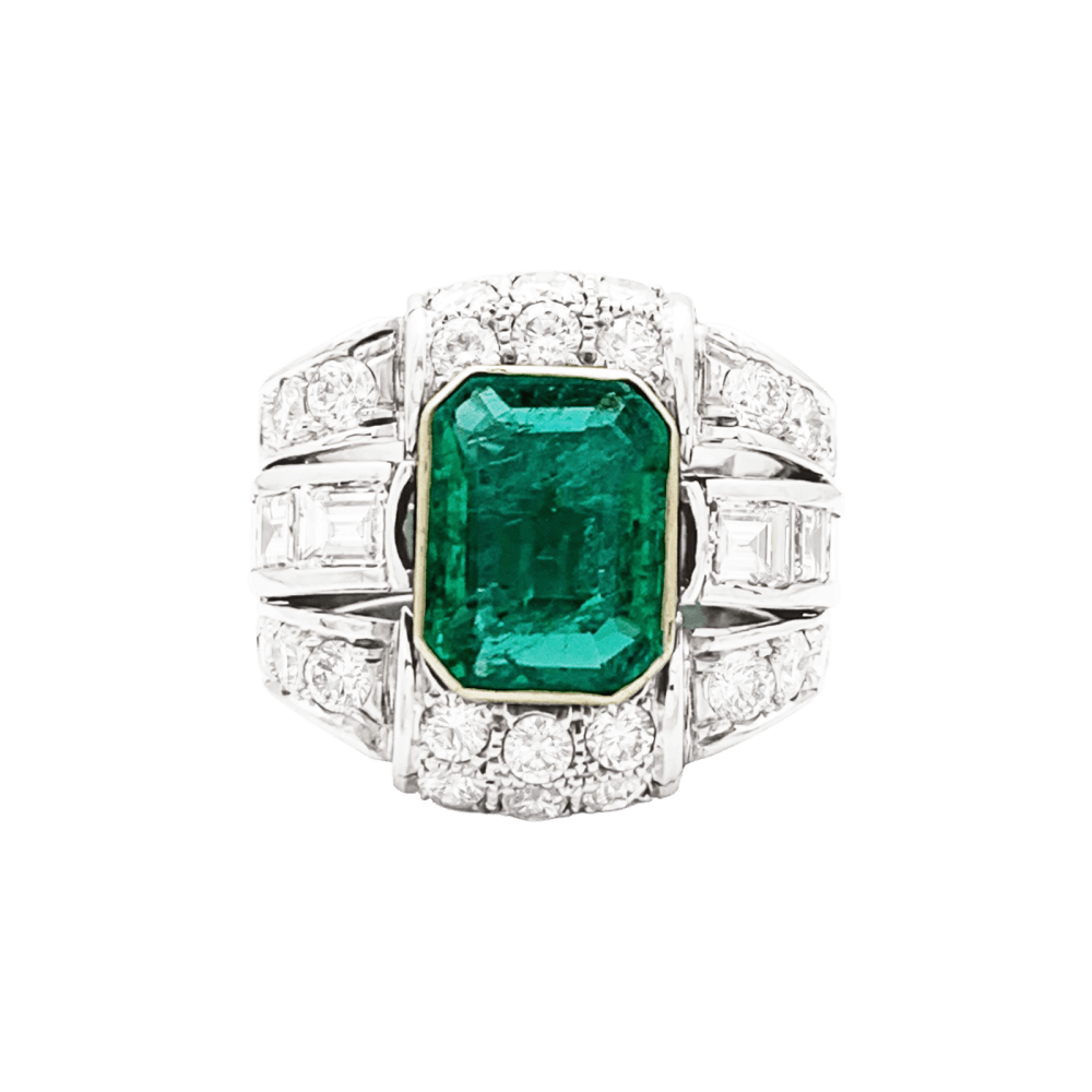Bague émeraude de Colombie, diamants, platine, or jaune. 1