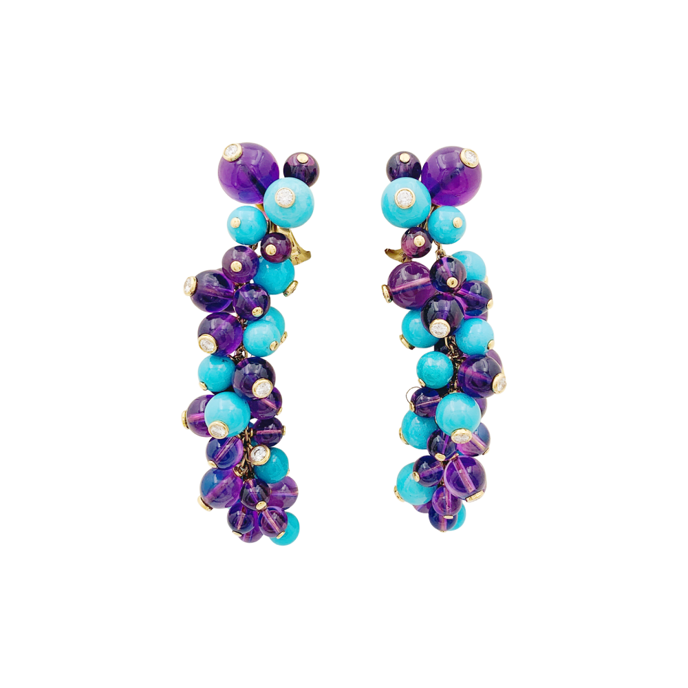 Boucles d'oreilles Cartier, "Délices de Goa", or rose, améthystes, turquoises et diamants. 2