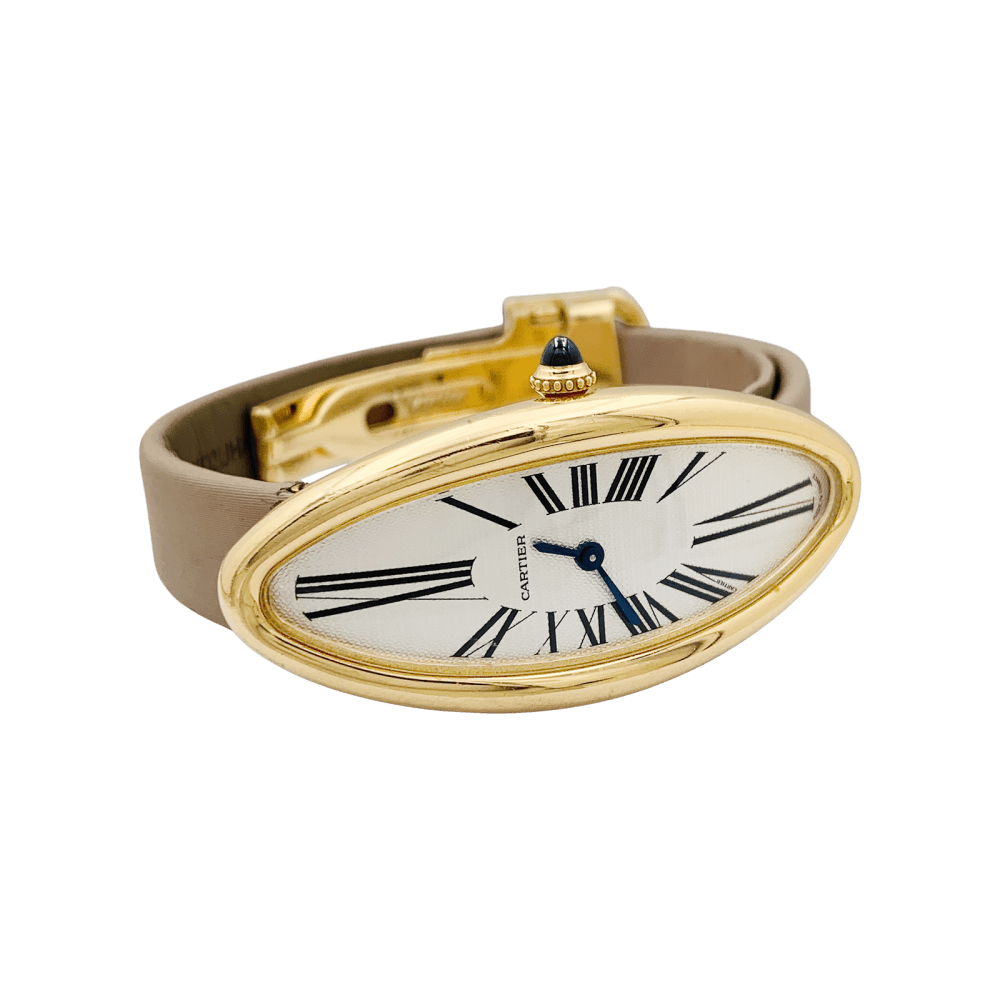 Montre Cartier, "Baignoire Allongée", or rose, cuir. 2