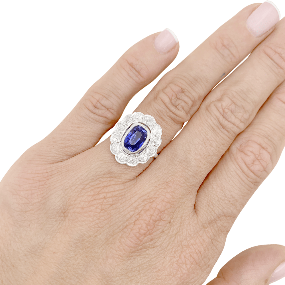 Bague pompadour platine, saphir et diamants. 6