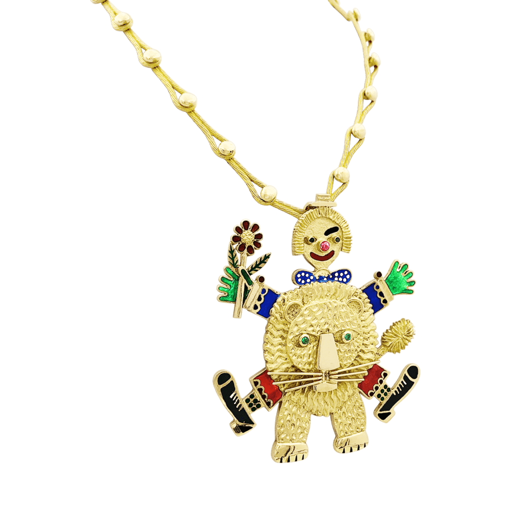 Collier Henri Hecht Maïk, "Le Clown et le Lion", or jaune, émail, rubis et émeraudes. 2