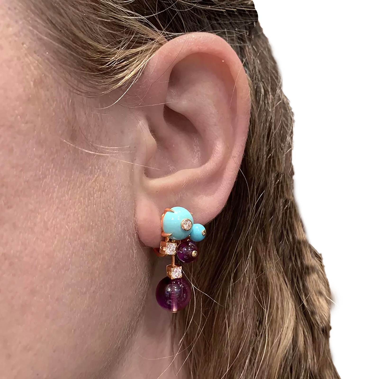 Boucles d'oreilles Cartier "Délices de Goa" en or rose, améthystes, diamants et turquoises. 5