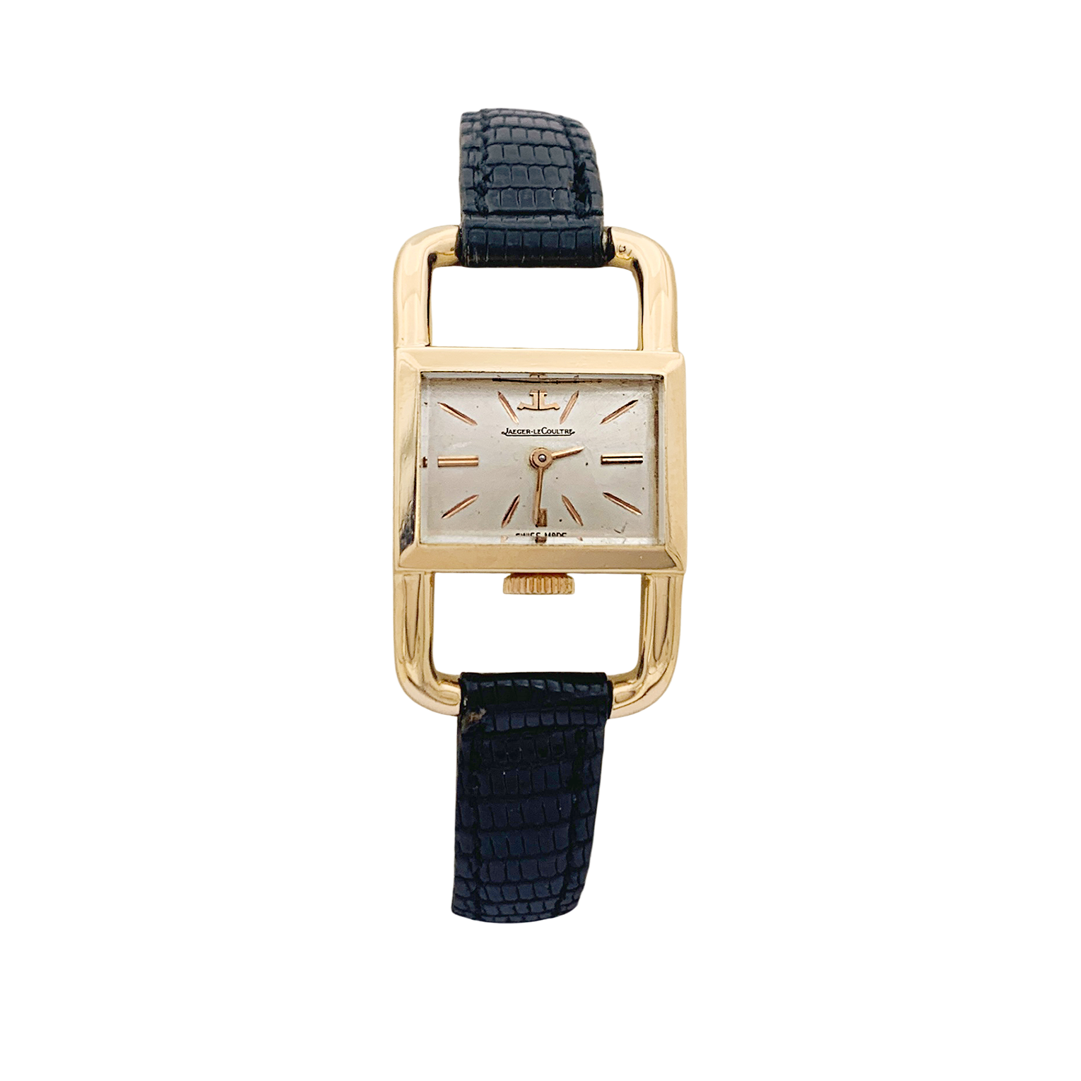 Montre Jaeger-Lecoultre, "Etrier", or rose, cuir noir 1