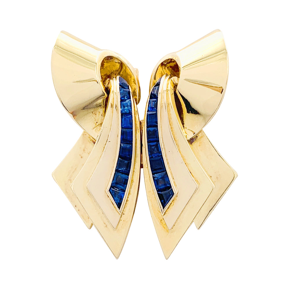 Broche vintage "Ruban" double clips or rose, pierres bleues. 1