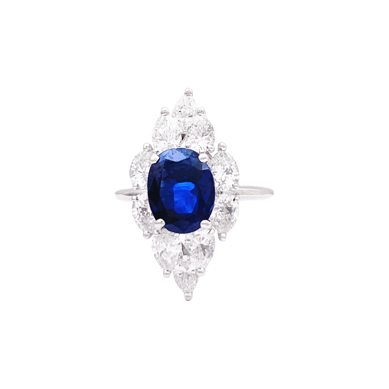 Bague navette or blanc, saphir et diamants 1