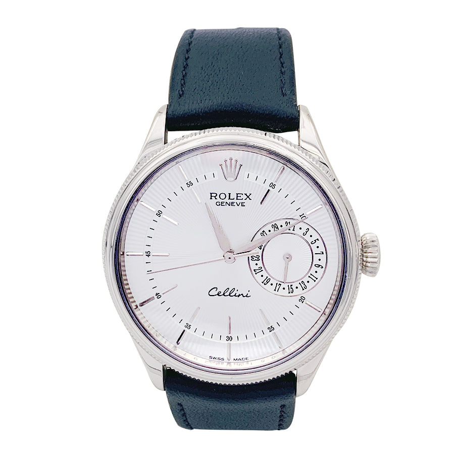 Montre Rolex, "Cellini Date", or blanc, cuir. 1