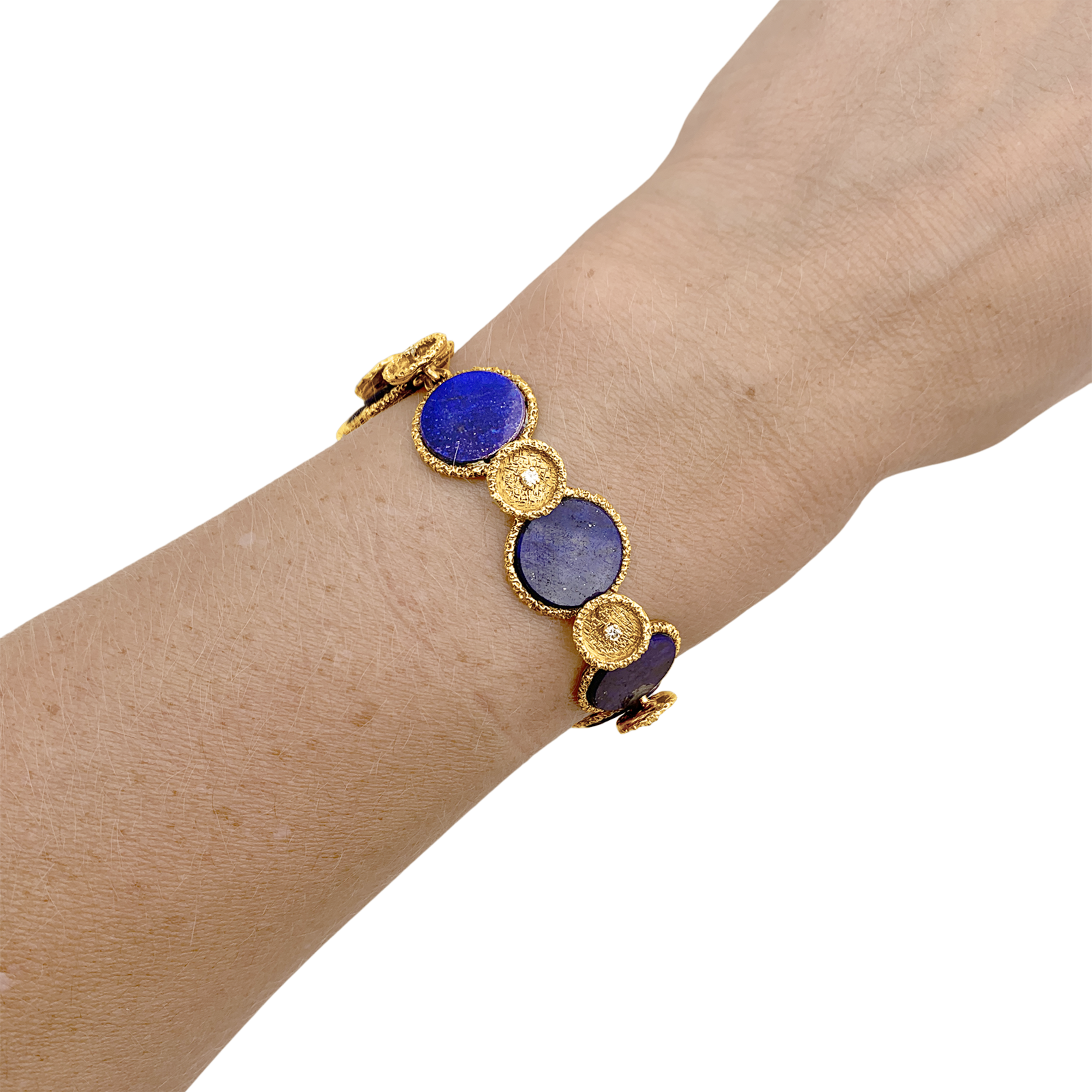 Bracelet vintage en or jaune texturé, lapis-lazuli et diamants. 6