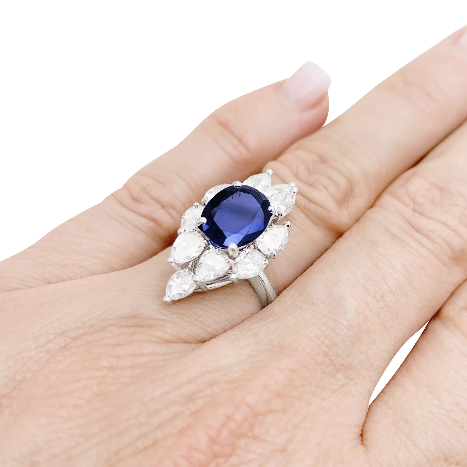 Bague navette or blanc, saphir et diamants 5