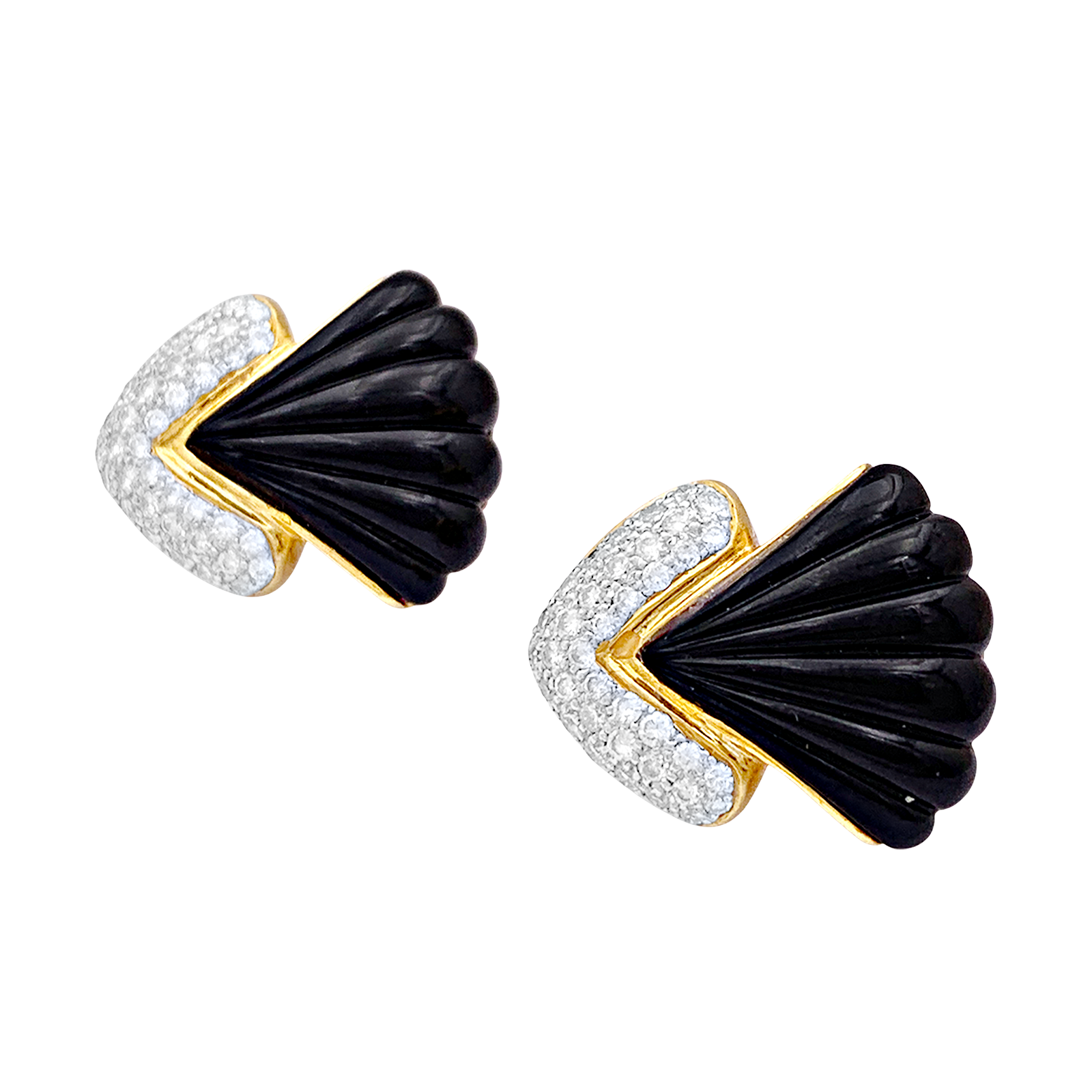 Clips d'oreilles vintage, or jaune, onyx, diamants. 5