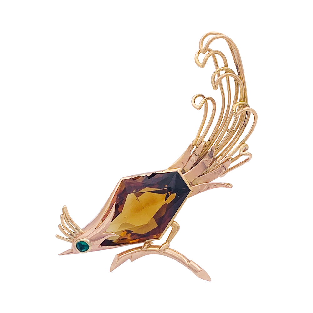 Broche vintage, "Oiseau de Paradis", or rose, citrine, émeraude. 1