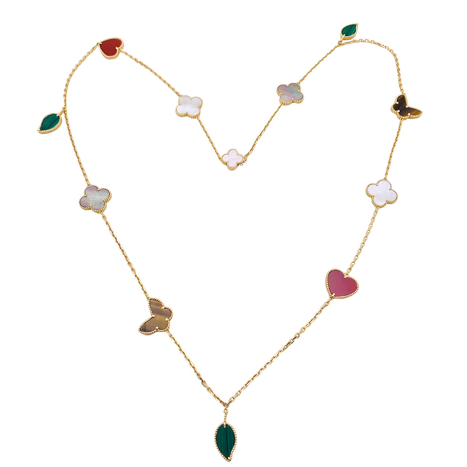 Collier-Sautoir Van Cleef & Arpels, "Lucky Alhambra", or jaune, cornaline, malachite, oeil de tigre, nacre. 5