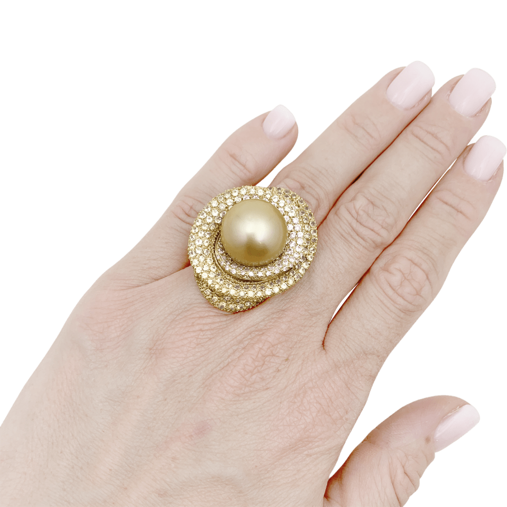 Bague perle gold, diamants blanc, saphirs de couleur, or jaune. 6