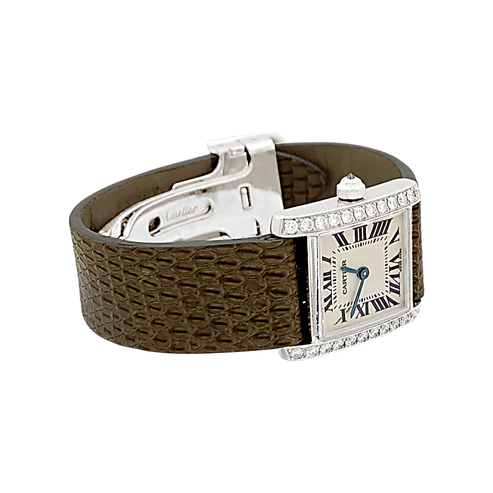Montre Cartier, "Tank Française", or blanc, diamants. 3