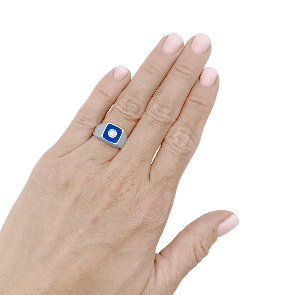 Bague or blanc, émail bleu et diamants. 4