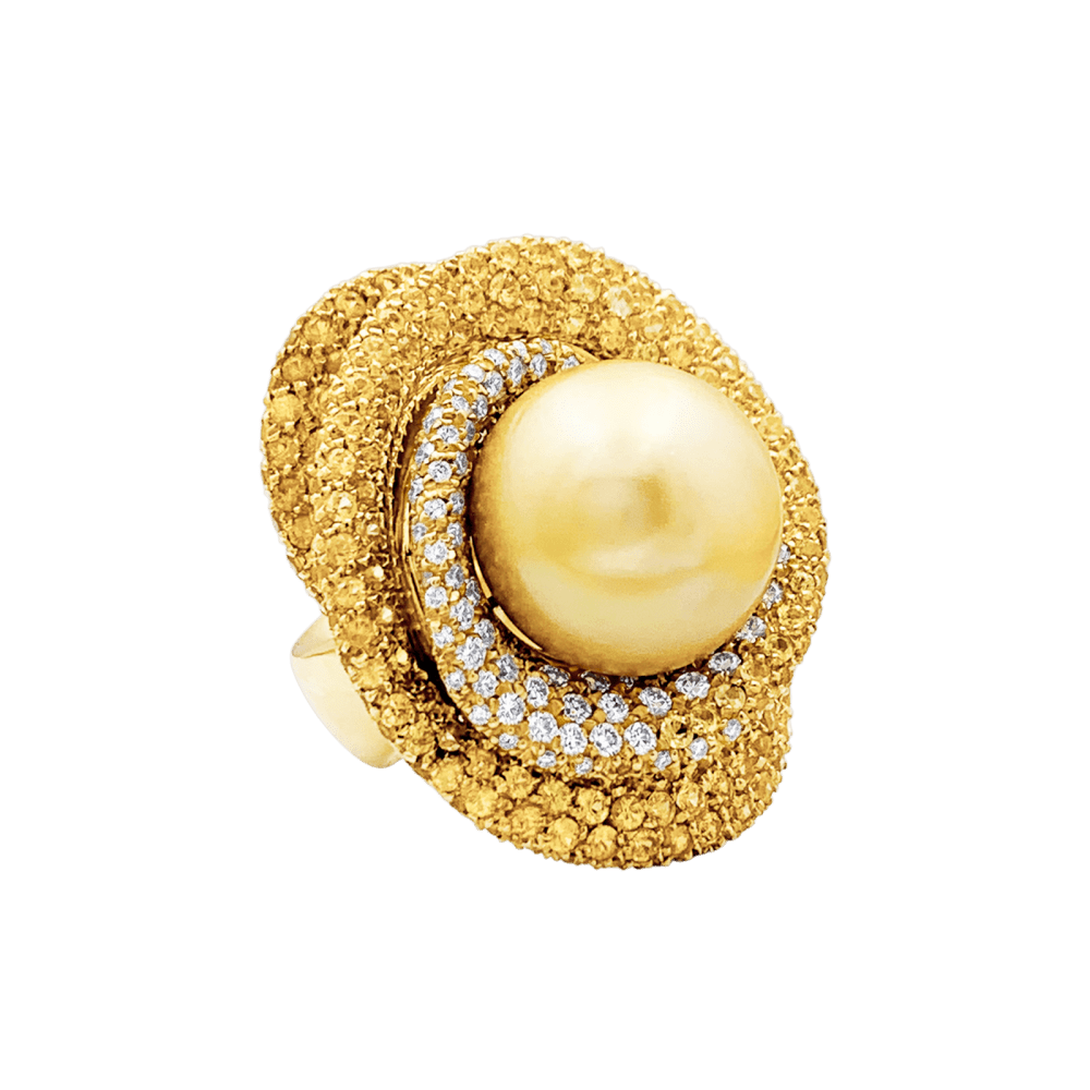 Bague perle gold, diamants blanc, saphirs de couleur, or jaune. 3