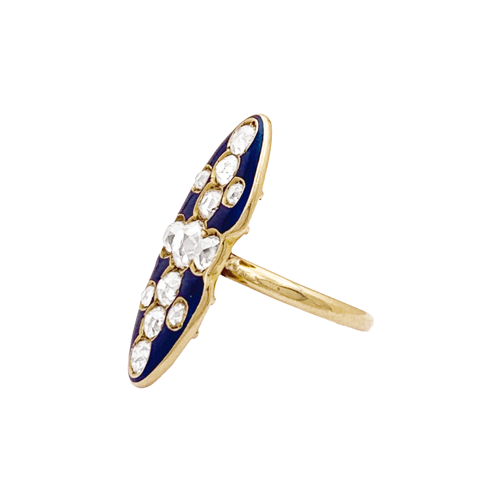 Bague "marquise" or jaune, diamants, émail. 3
