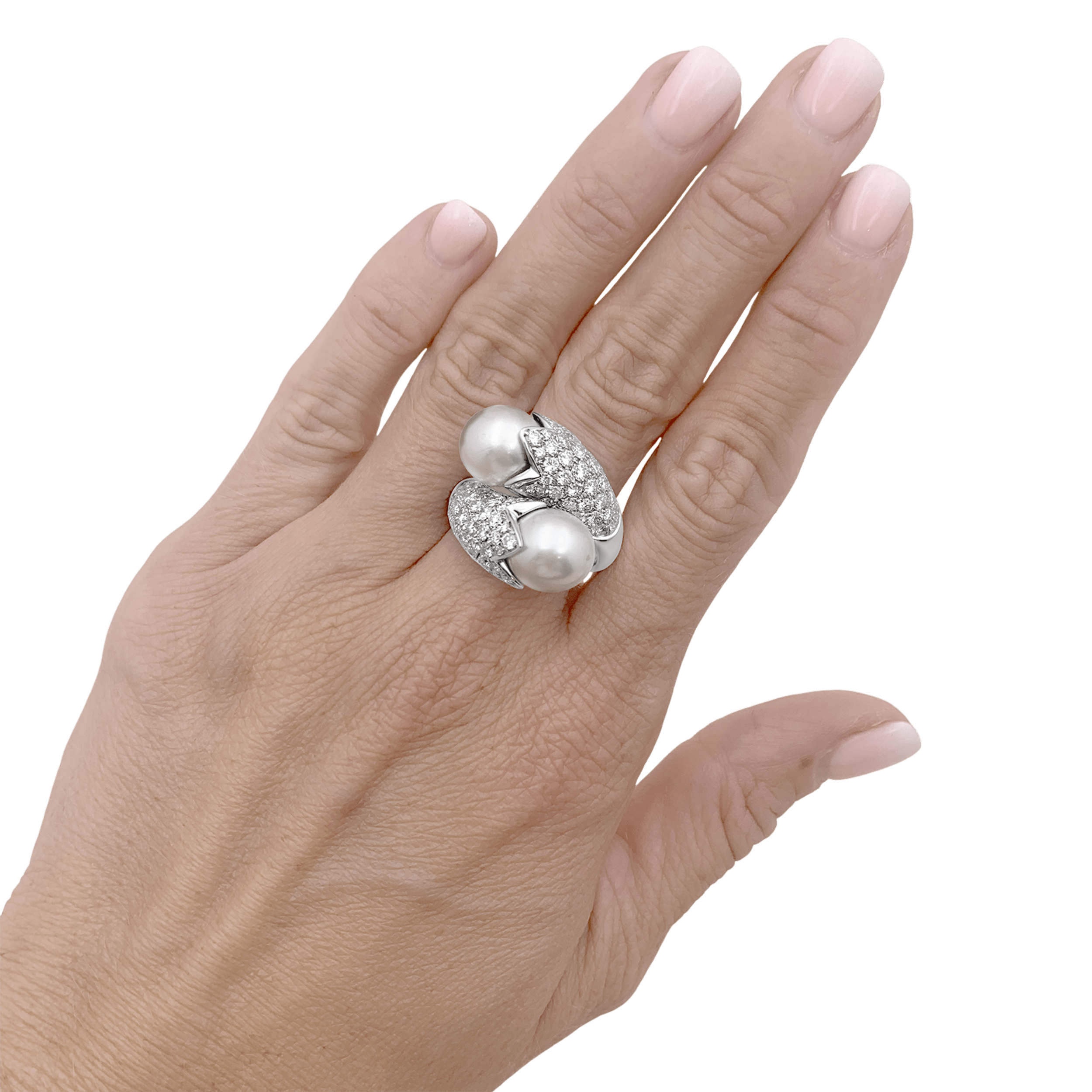 Bague « Toi & Moi », or blanc, perles, diamants. 4