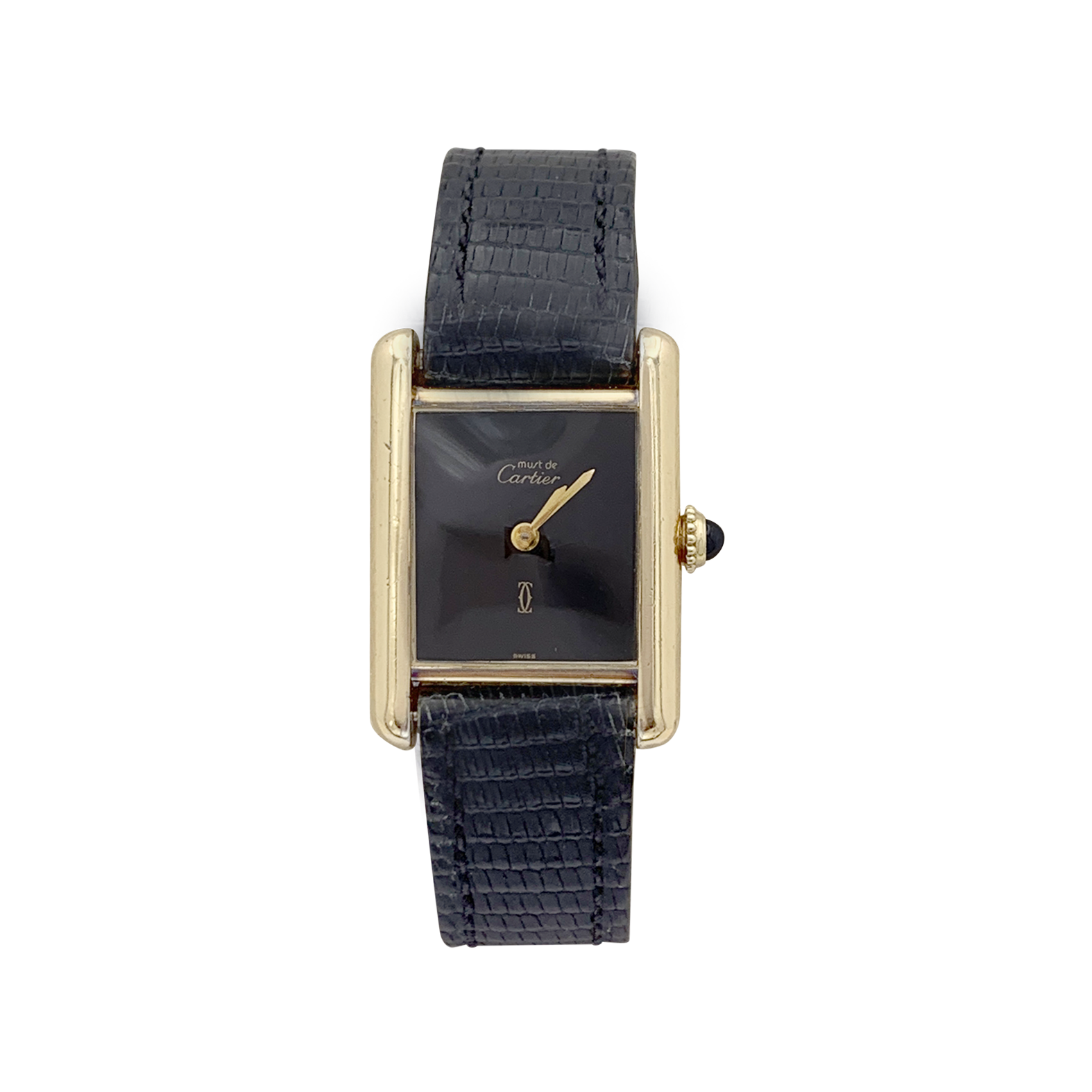 Montre Cartier "Tank Must" argent plaqué or, cadran laqué noir. 1