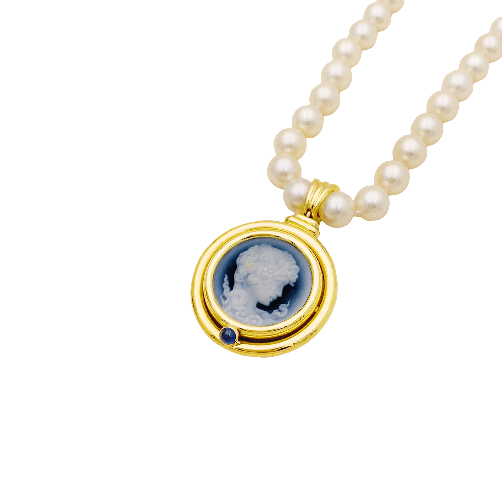 Collier or jaune, perles de culture, camée onyx. 3
