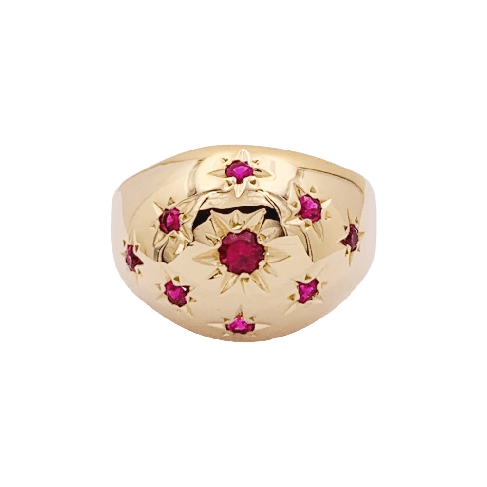 Bague boule vintage, or jaune, pierres rouges. 1