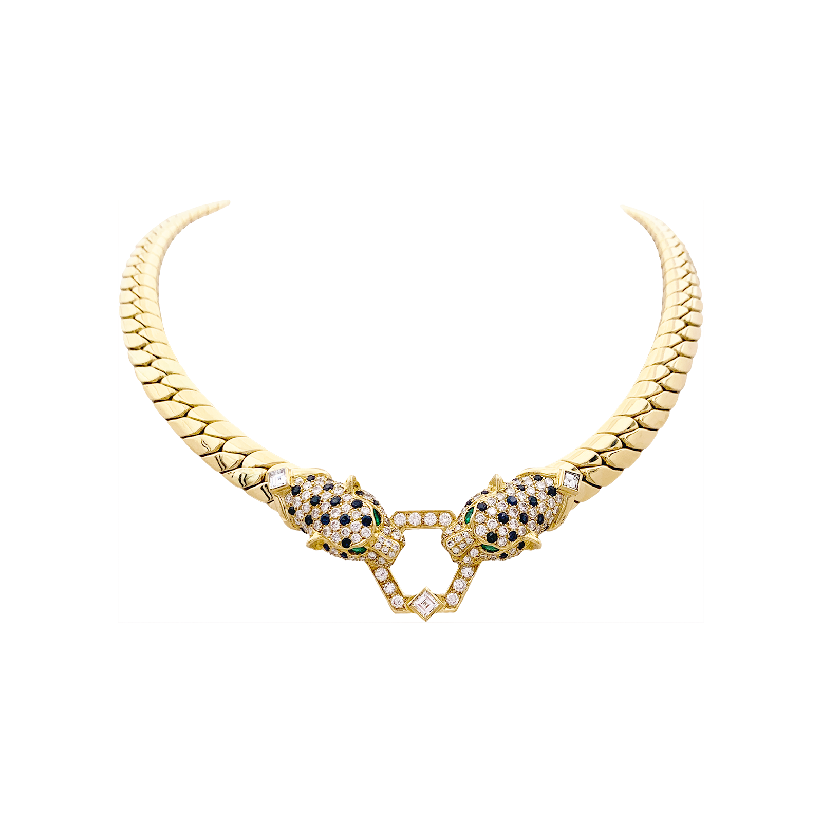 Collier O.J. PERRIN, or jaune, diamants, saphirs et émeraudes. 3