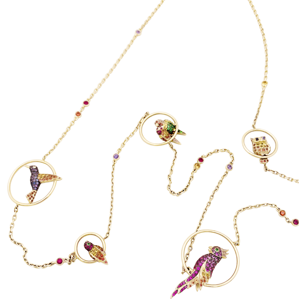 Sautoir Boucheron, "Nuri", or rose, saphirs multicolors, tsavorites et diamants. 2