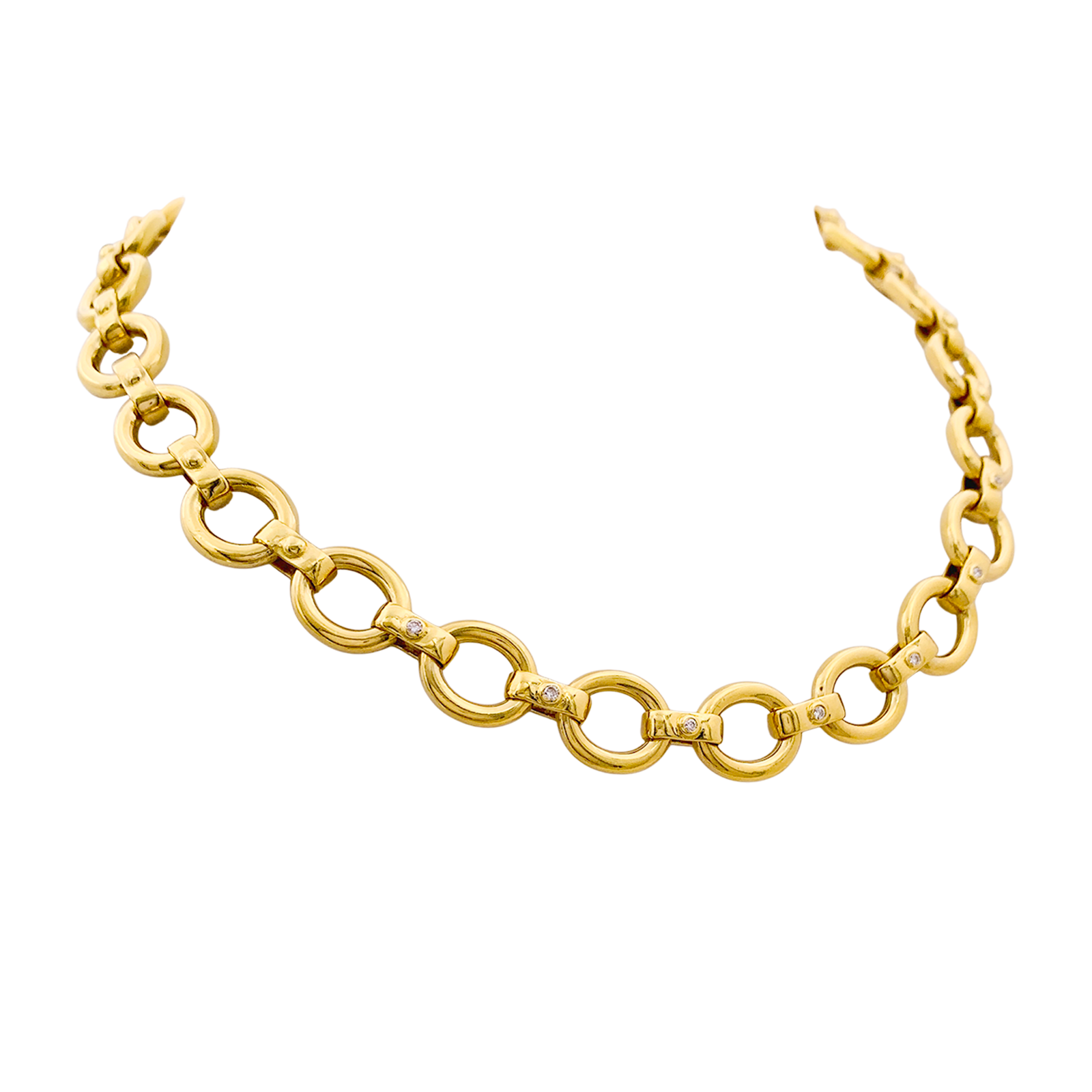 Collier en or jaune, maillons ovales et diamants. 3