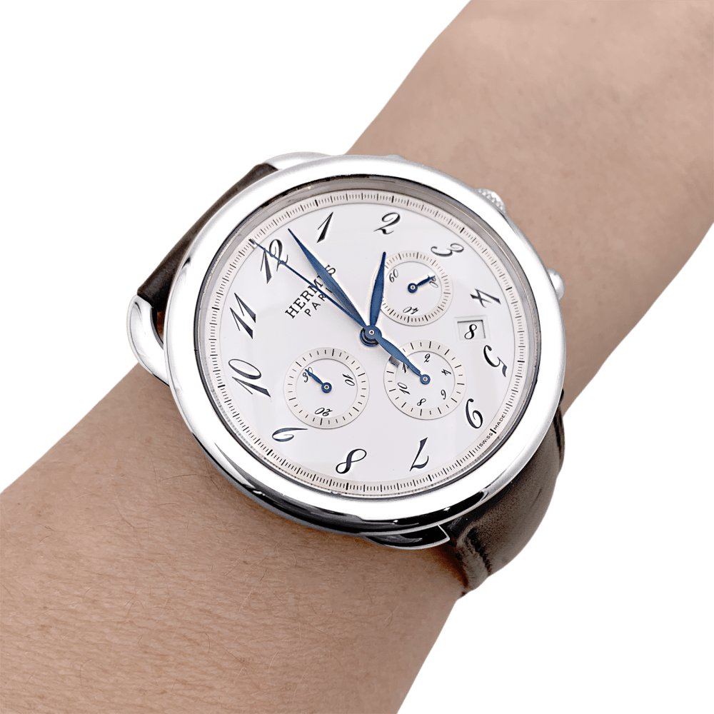 Montre Hermès, "Arceau Chronographe", acier, cuir. 6