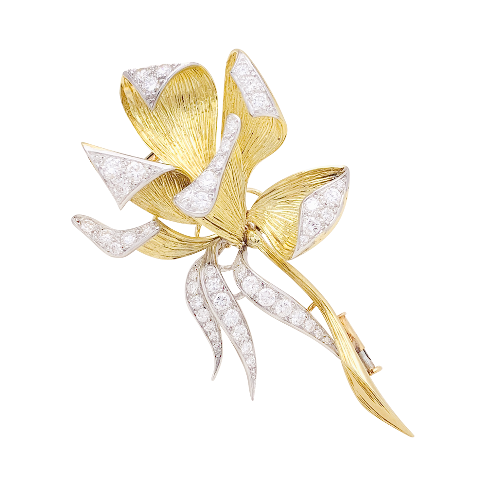 Broche vintage, "Iris", or jaune, platine, diamants. 2