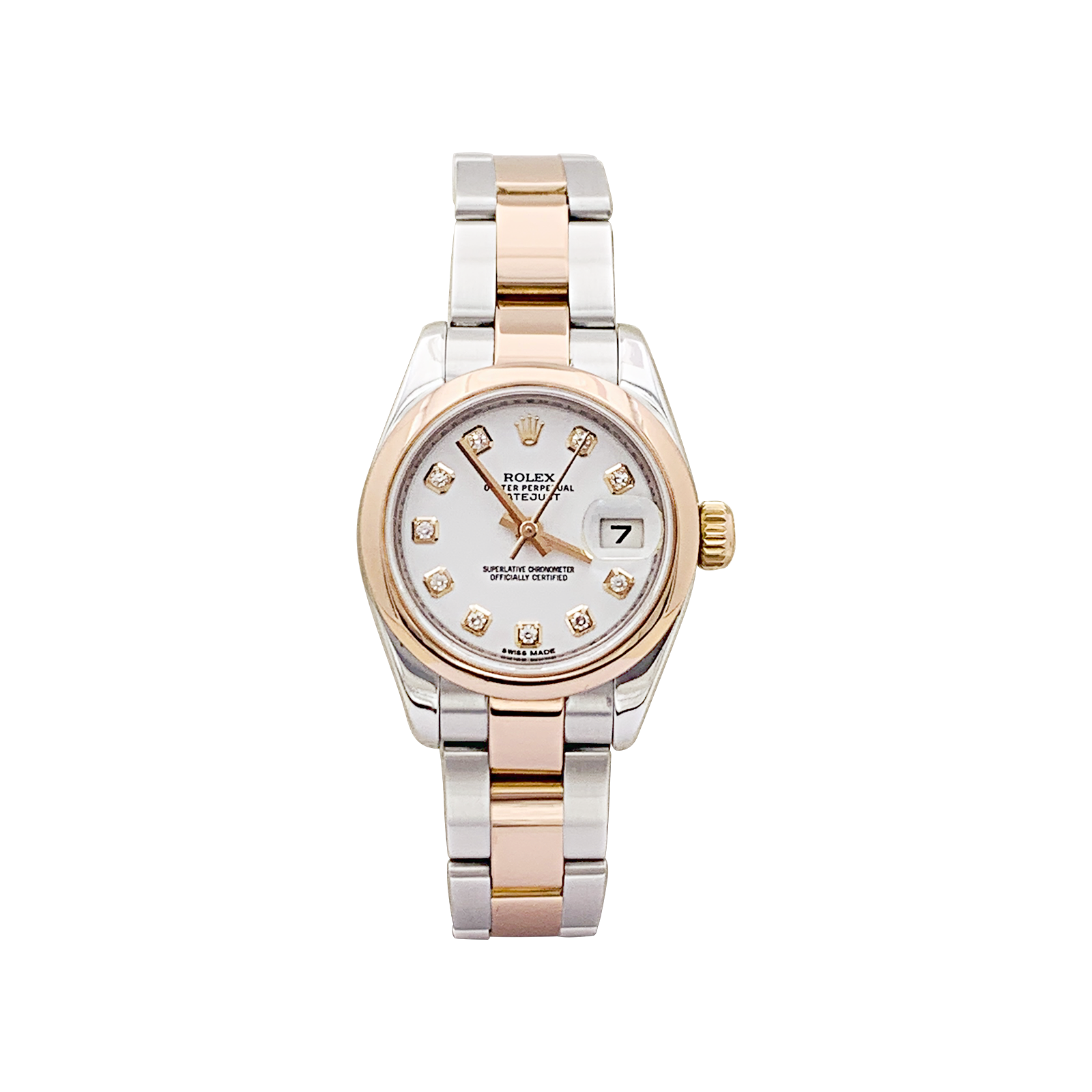 Montre Rolex, "Oyster Perpetual Datejust", or rose, acier, diamants. 1