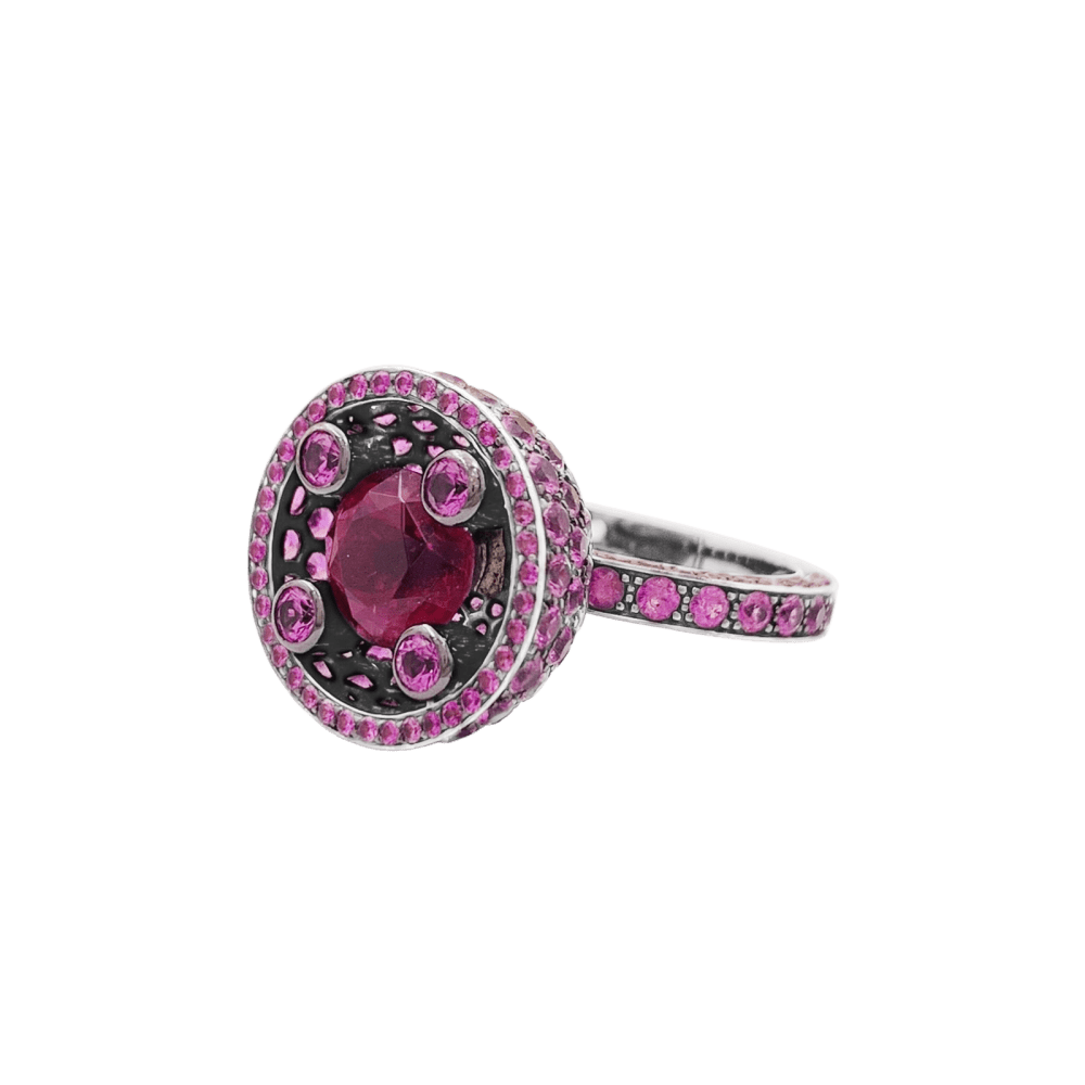 Bague Boucheron, "Liz" or noirci, tourmalines et saphirs roses. 3