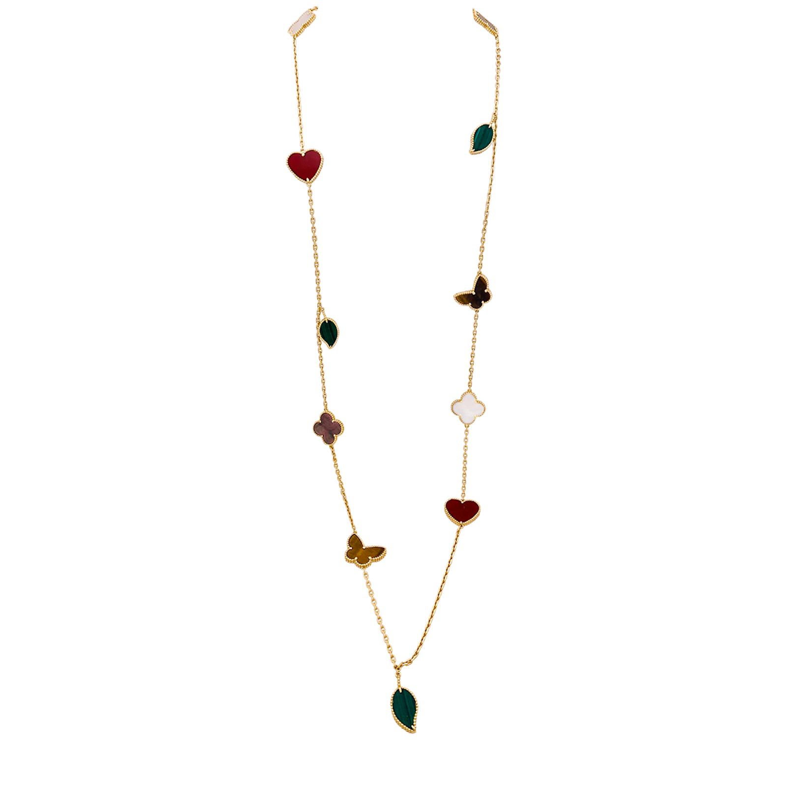 Collier-Sautoir Van Cleef & Arpels, "Lucky Alhambra", or jaune, cornaline, malachite, oeil de tigre, nacre. 1