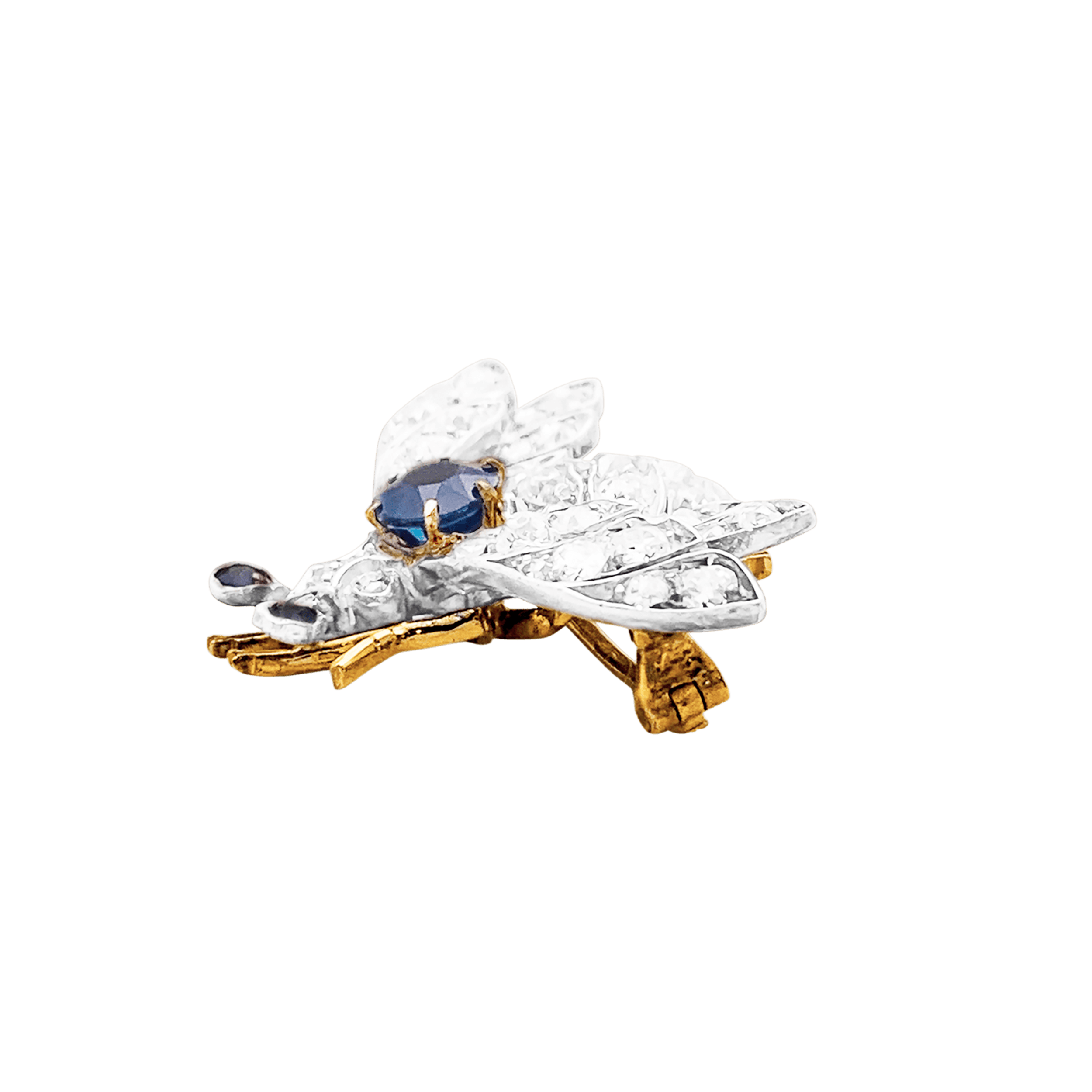 Broche ancienne "Abeille", or jaune, argent, saphir et diamants. 4