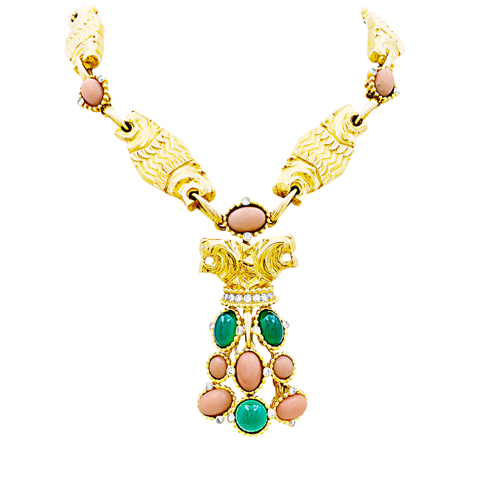 Demi-parure "Lions" transformable, or jaune, diamants, corail, chrysoprase. 1