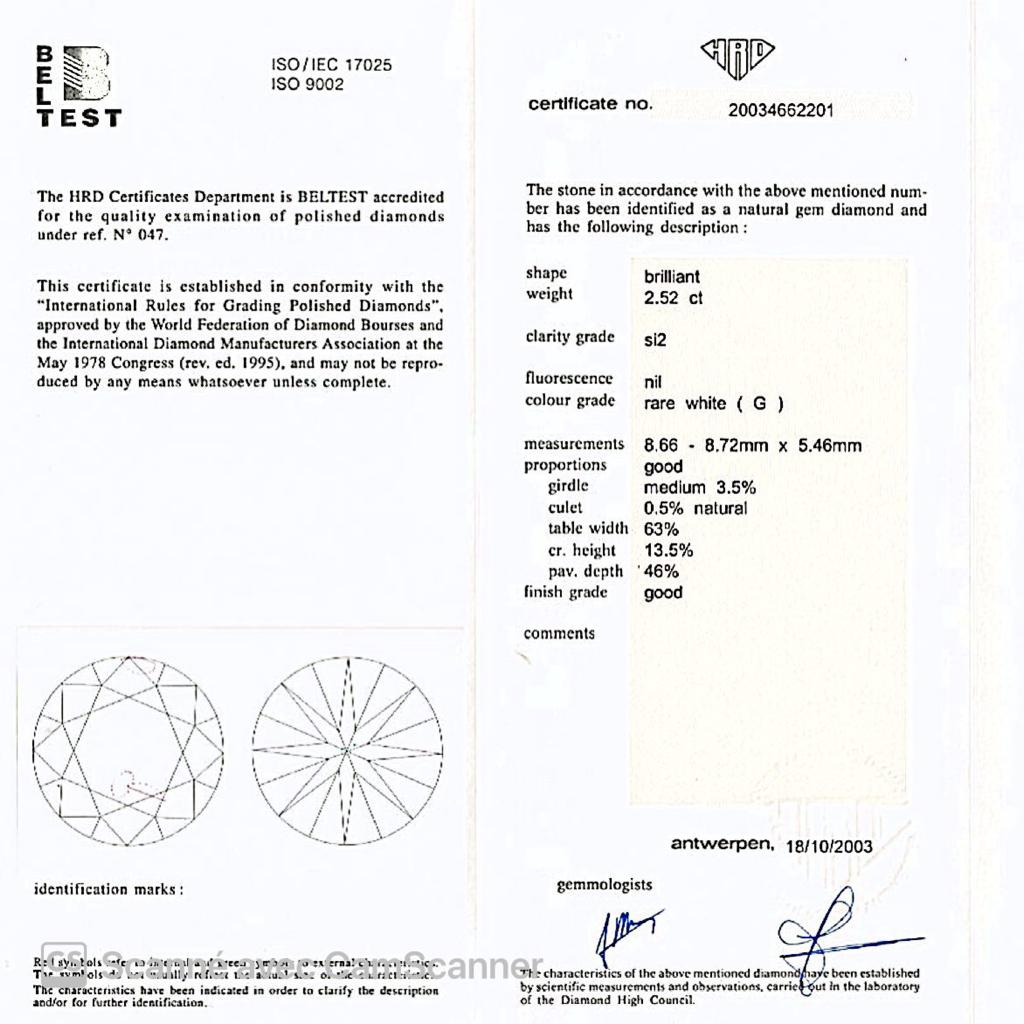 Une bague en or blanc 750/000 centrée d’un diamant de 2,52 carats, G, SI2. HRD: 20034662201. Poids brut: 4,8 grammes. 9