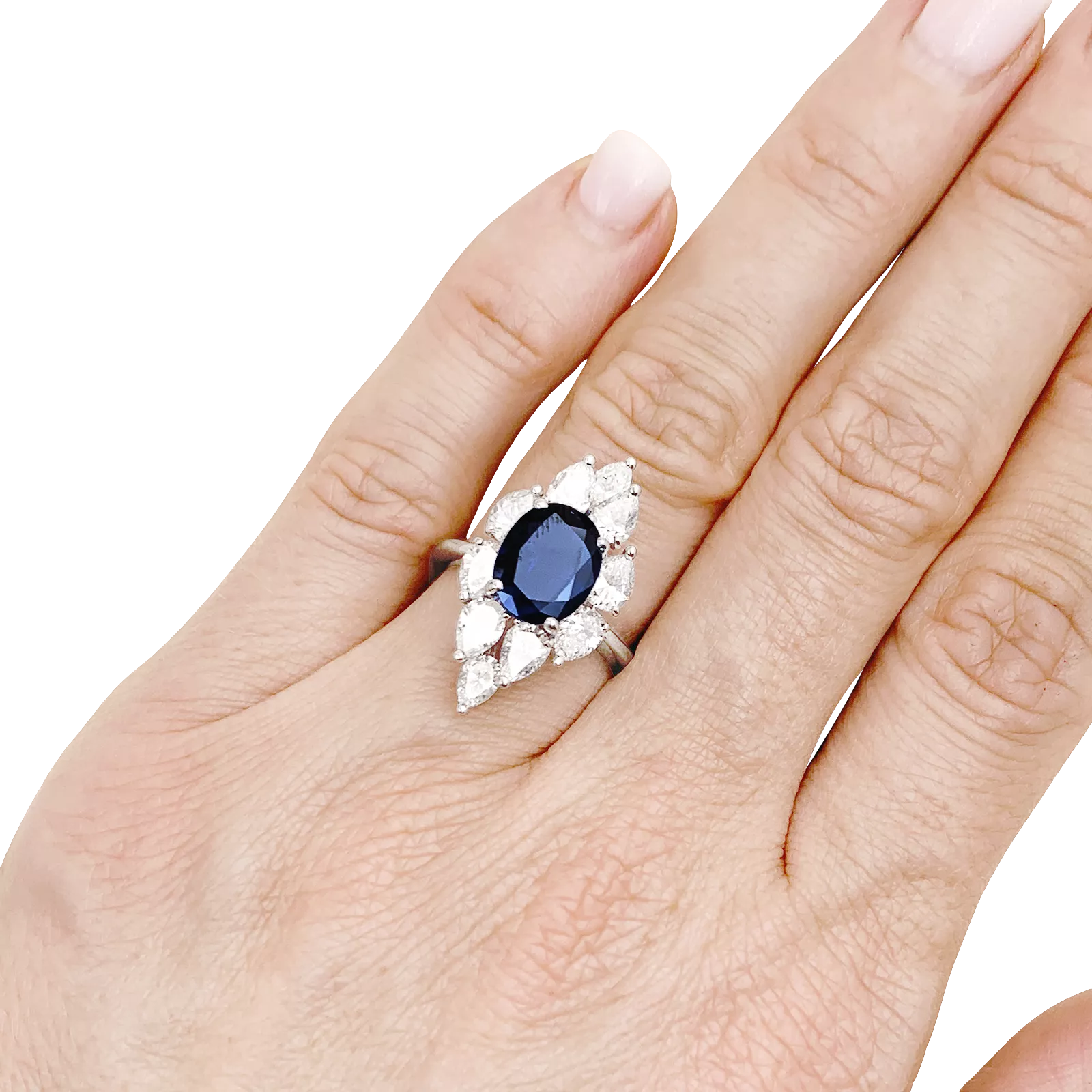 Bague navette or blanc, saphir et diamants 6