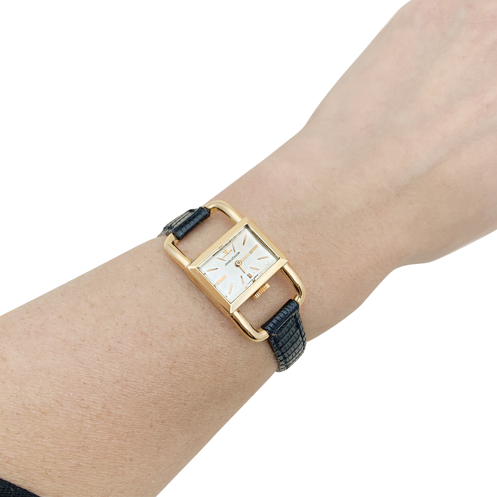 Montre Jaeger-Lecoultre, "Etrier", or rose, cuir noir 5