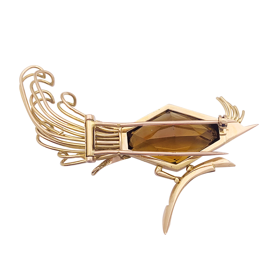 Broche vintage, "Oiseau de Paradis", or rose, citrine, émeraude. 2