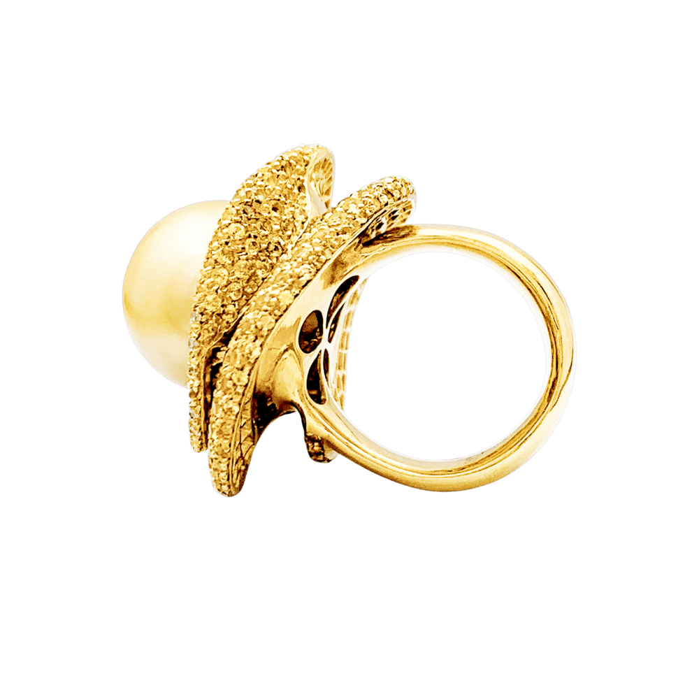 Bague perle gold, diamants blanc, saphirs de couleur, or jaune. 5